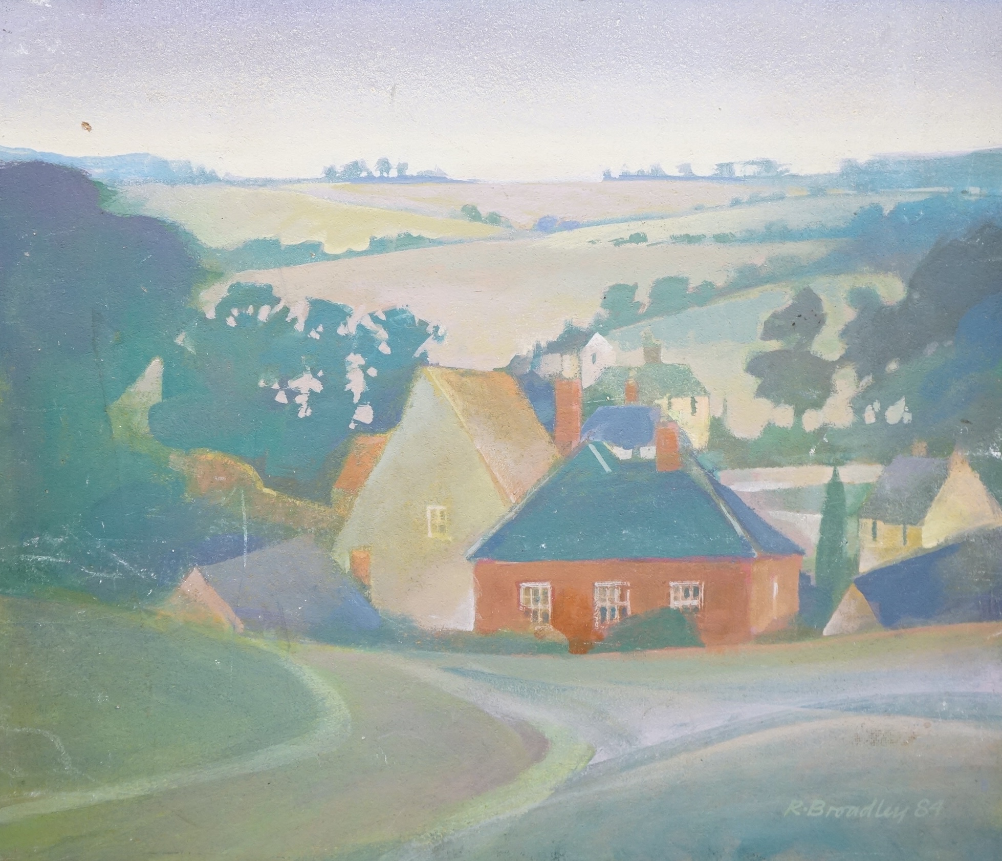 R. Bradley, village scene, signed, oil on board, unframed, 41 x 47cm